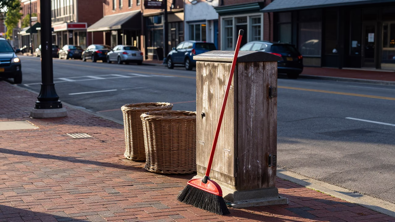 Late Morning Street Scene in Nashville Tennessee with Brooms and Wicker Basket in in Nashville, Tennessee, United States