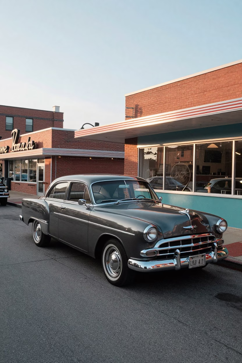 Late Morning Street Scene in Nashville Tennessee with Vintage Car and Diner in in Nashville, Tennessee, United States