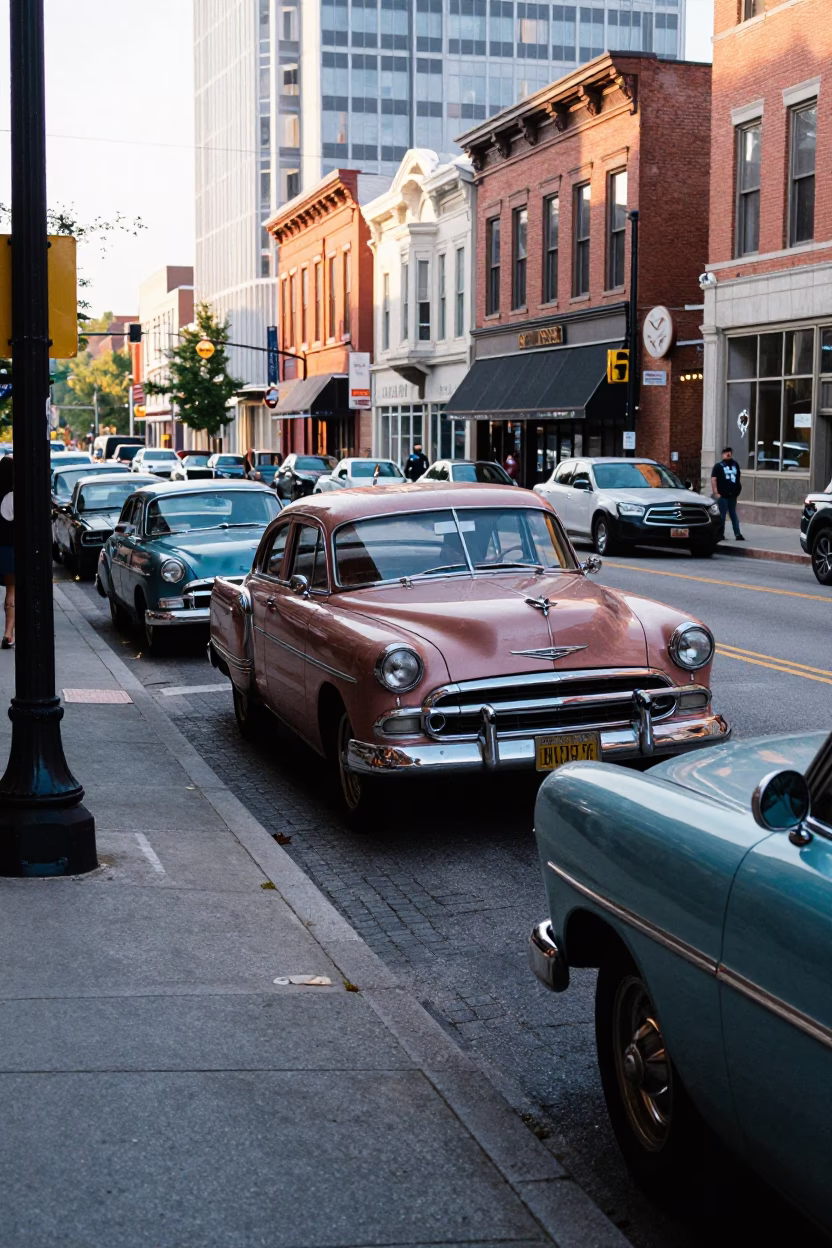 Late Morning Street Scene in Nashville Tennessee with Vintage Cars and Pedestrians in in Nashville, Tennessee, United States