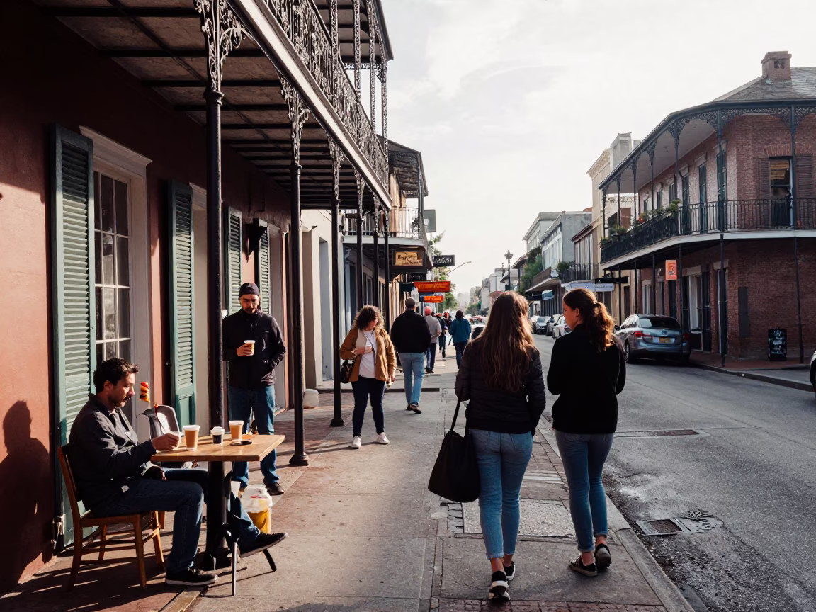 Late Morning Street Scene in New Orleans Louisiana with Balcony and Coffee in in New Orleans, Louisiana, United States
