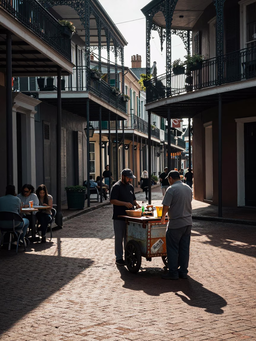 Late Morning Street Scene in New Orleans Louisiana with Local Dining Details in in New Orleans, Louisiana, United States