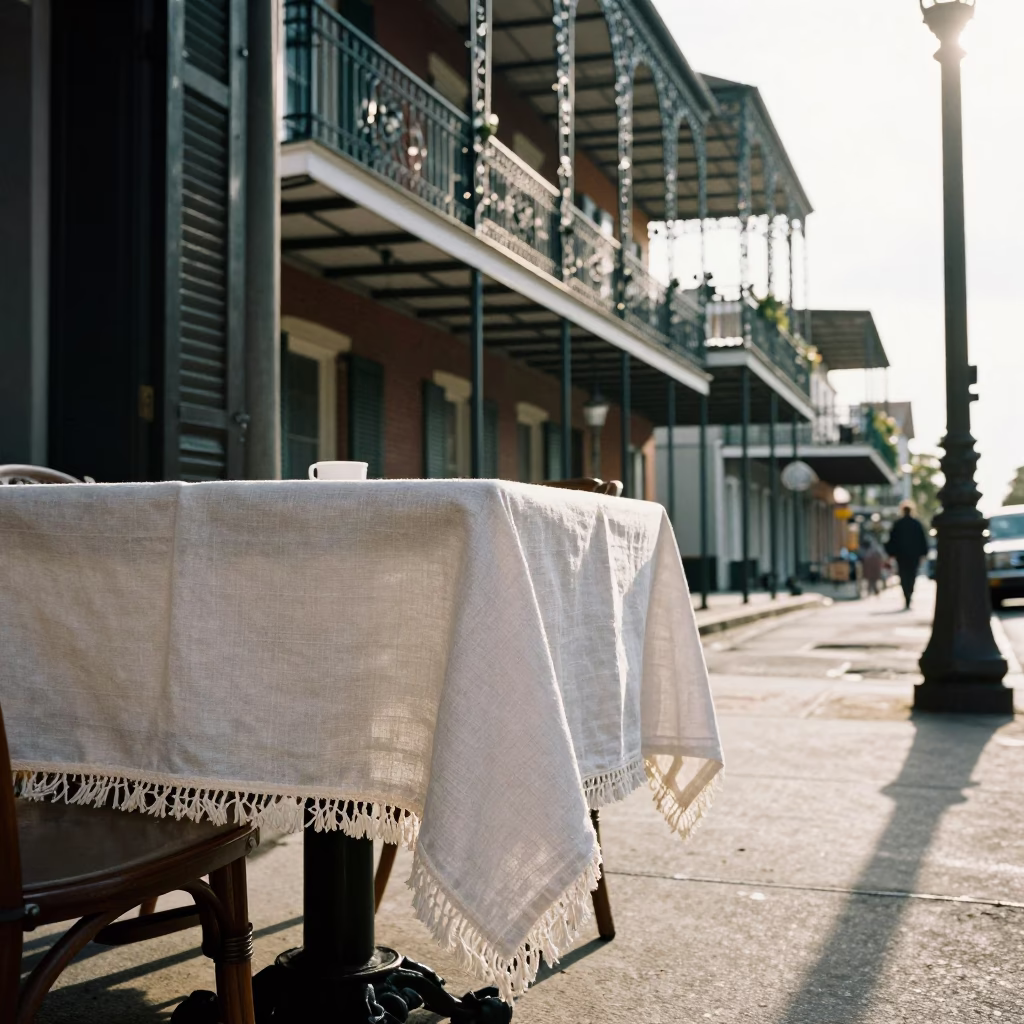 Late Morning Street Scene in New Orleans with Linen Fringe and Ranunculus Bouquet in in New Orleans, Louisiana, United States