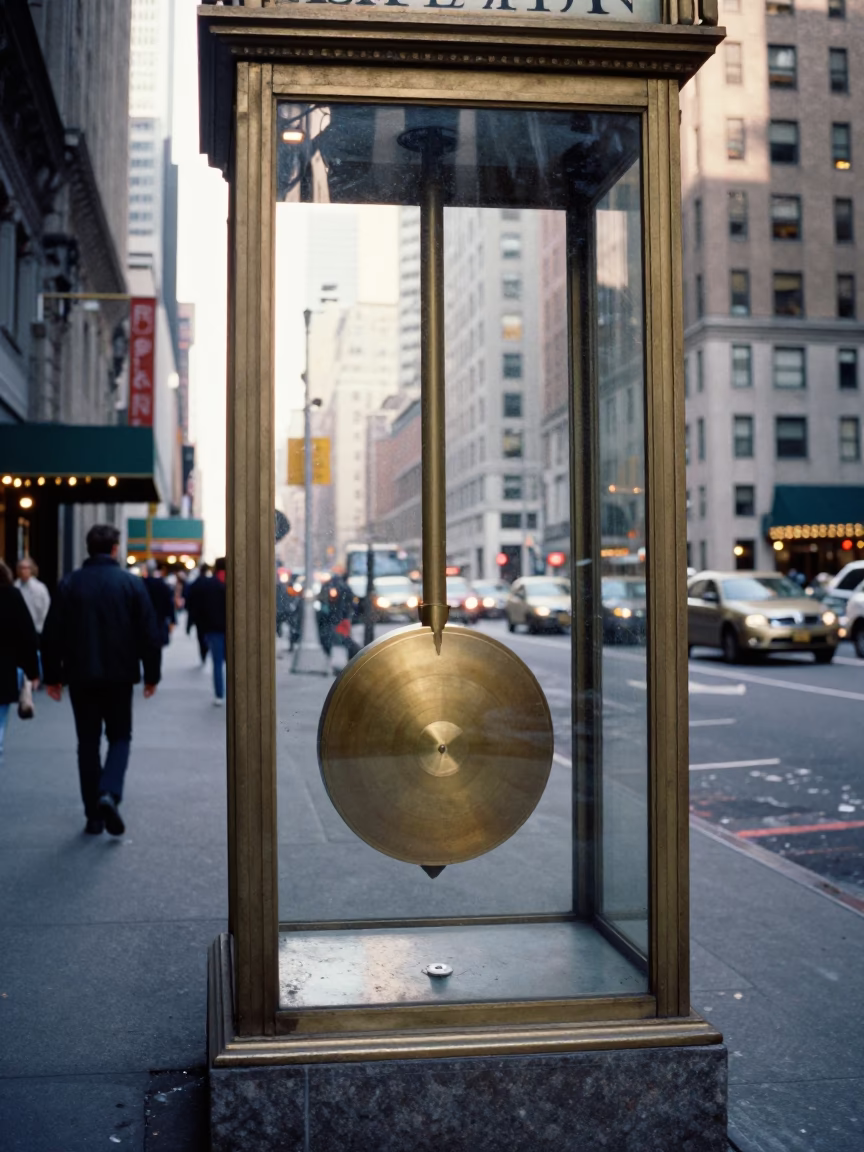 Late Morning Street Scene in New York City Featuring Pendulum Clock and Urban Life in in New York, New York, United States
