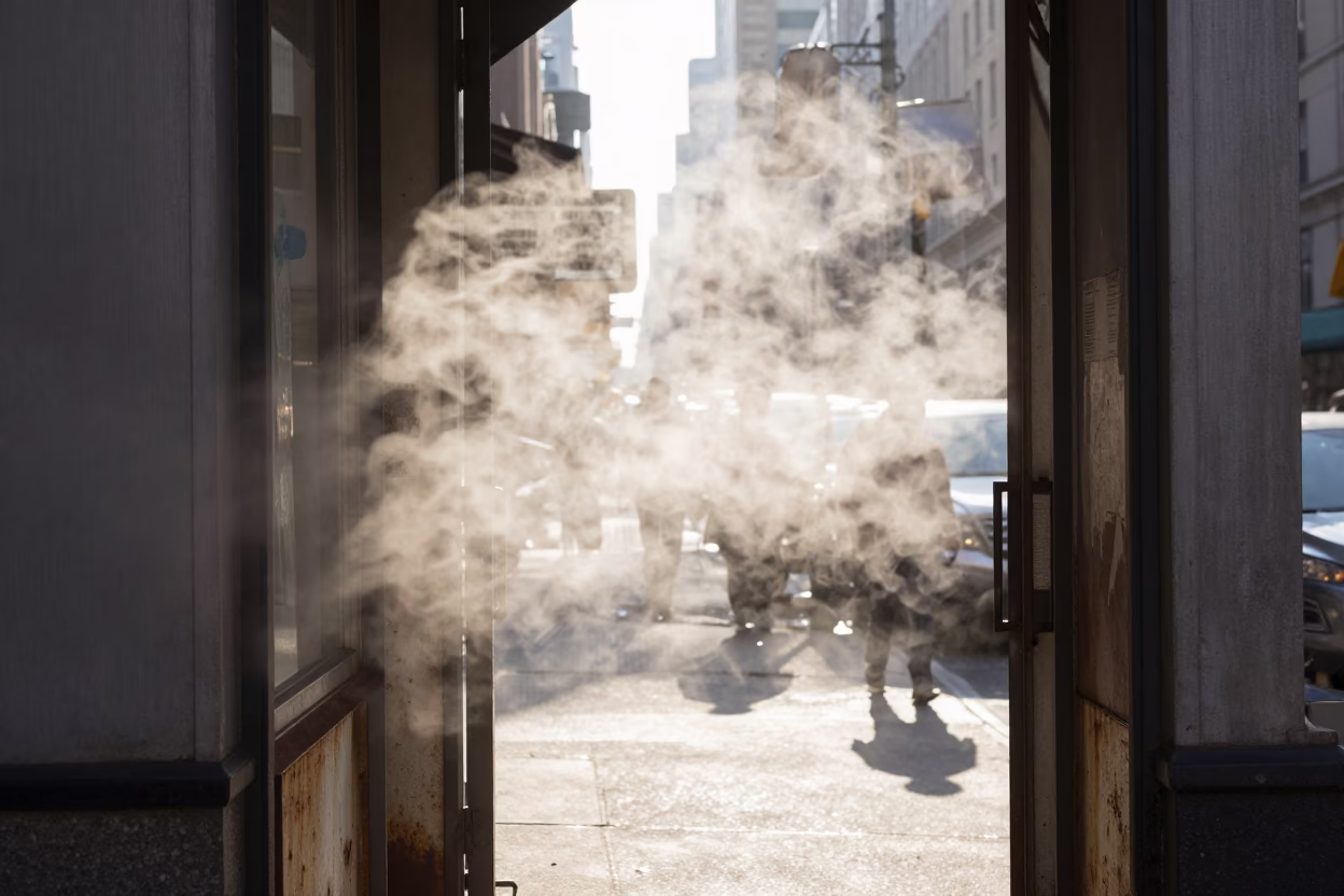 Late Morning Street Scene in New York City Featuring Steam Haze and Urban Details in in New York, New York, United States