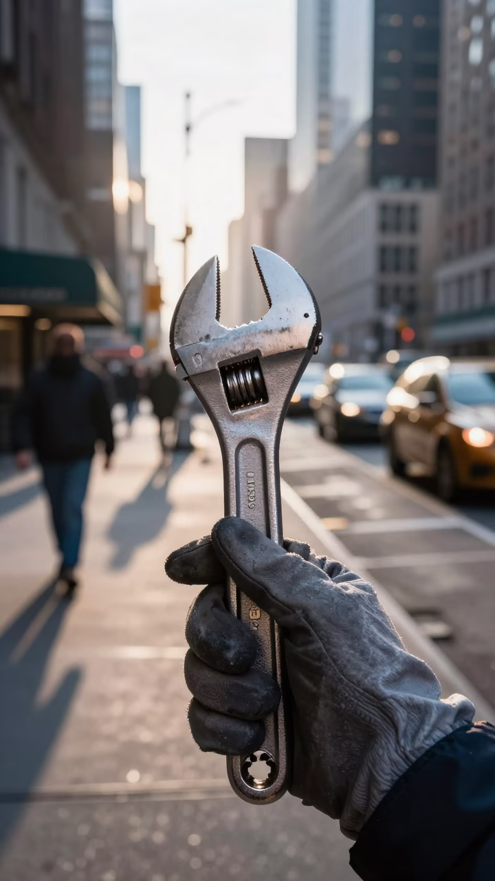 Late Morning Street Scene in New York City with Adjustable Spanner on Sidewalk in in New York, New York, United States