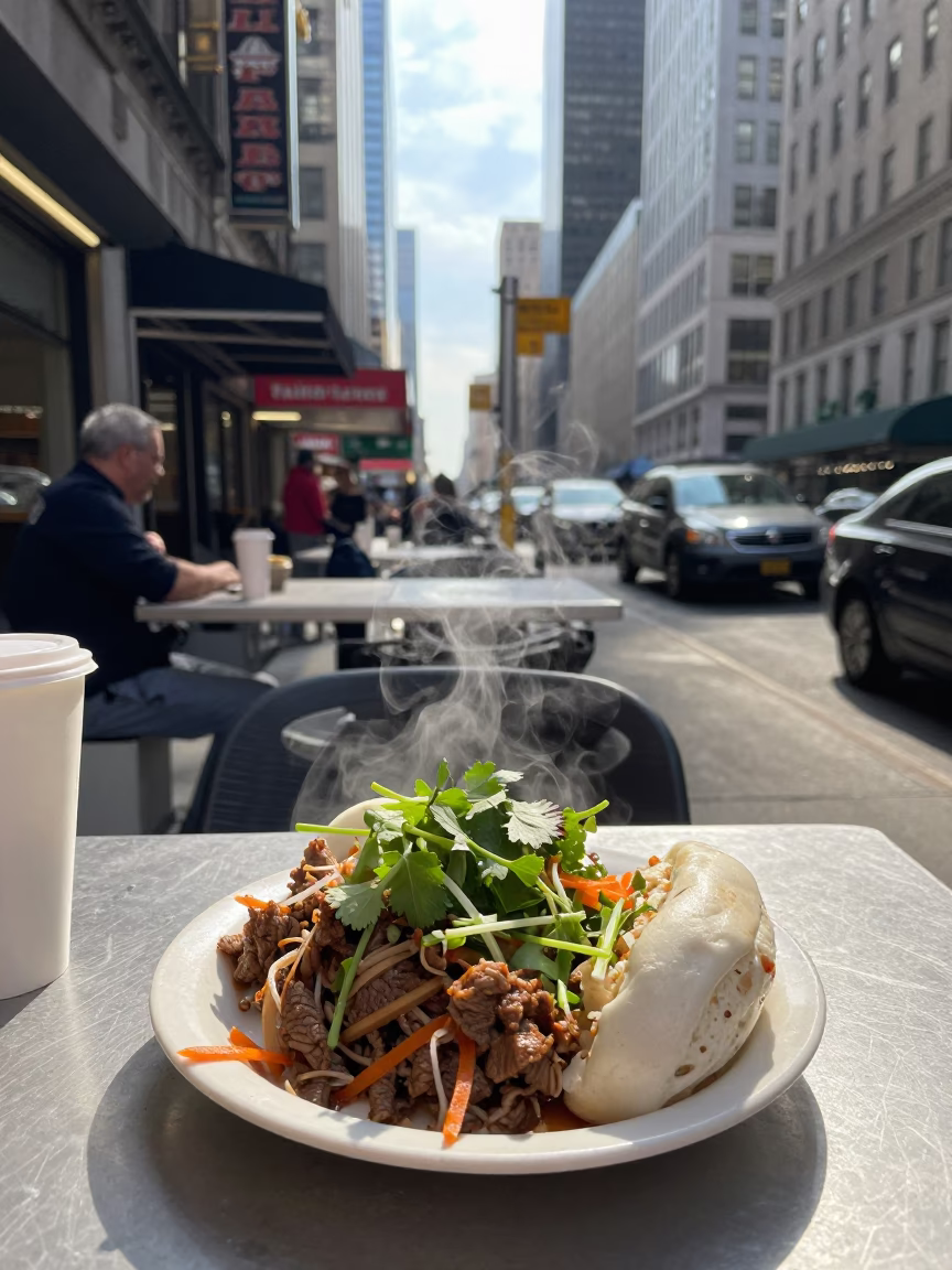 Late Morning Street Scene in New York City with Local Dining Details in in New York, New York, United States