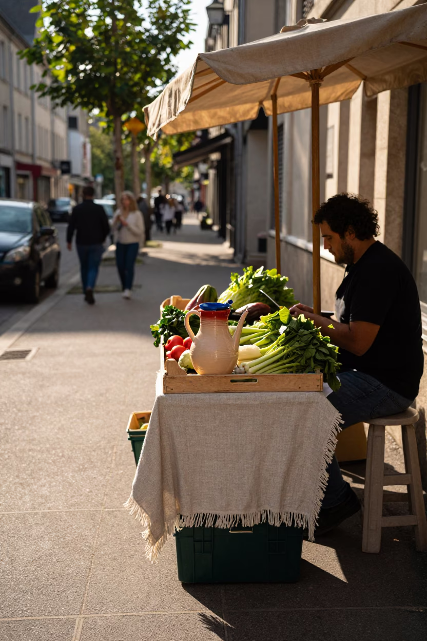 Late Morning Street Scene in Nice France with Linen Fringe Detail in in Nice, France