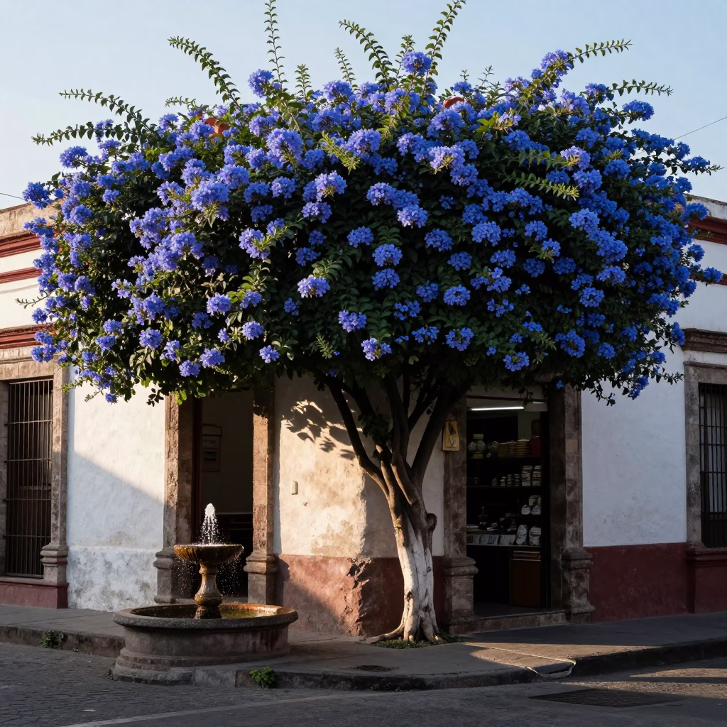 Late Morning Street Scene in Oaxaca Mexico with Blue Plumbago Hedge and Ceramic Fountain in in Oaxaca, Mexico