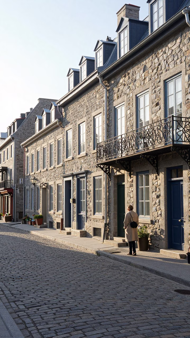 Late Morning Street Scene in Old Quebec City with Historic Stone Architecture in in Quebec City, Quebec, Canada
