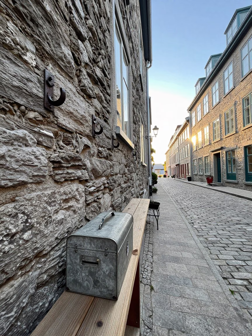 Late Morning Street Scene in Old Quebec City with Tin Box and Rust Details in in Quebec City, Quebec, Canada