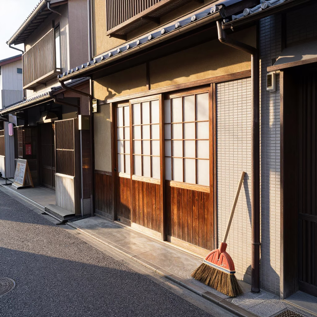 Late Morning Street Scene in Osaka Japan with Broom and Terracotta Plants in in Osaka, Japan
