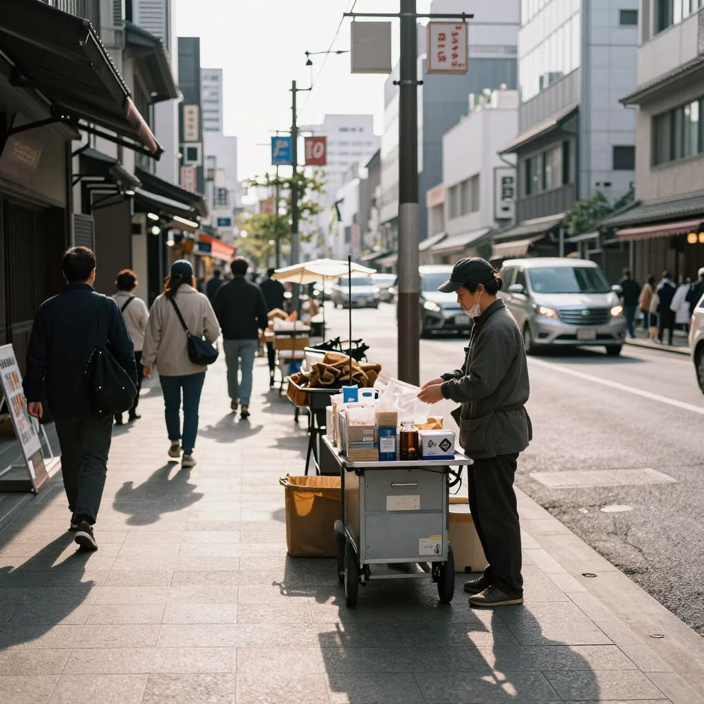 Late morning street scene in Osaka Japan with local vendors and pedestrians in in Osaka, Japan