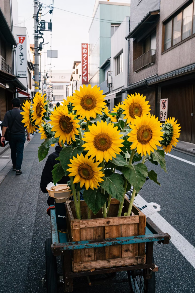 Late Morning Street Scene in Osaka Japan with Sunflowers and Leaf Shadows on Drain in in Osaka, Japan