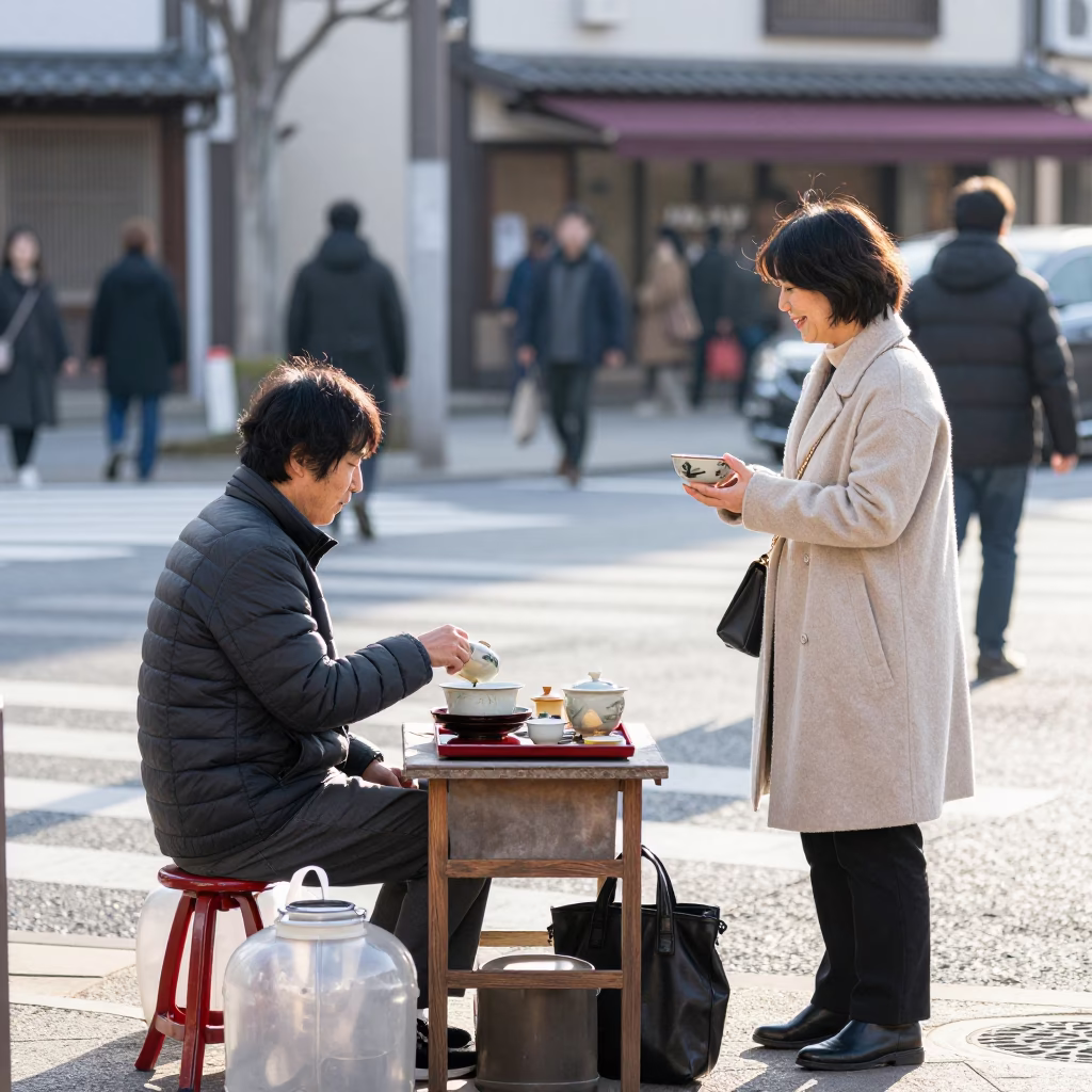 Late Morning Street Scene in Osaka Japan with Traditional Tea Service and Urban Background in in Osaka, Japan