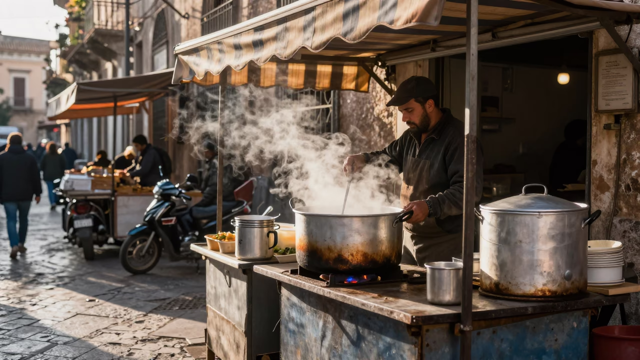 Late Morning Street Scene in Palermo Italy with Cooking Pot and Brass Bottle Neck in in Palermo, Italy