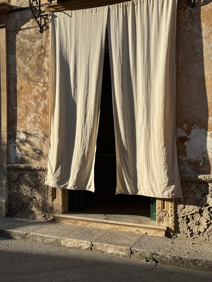 Late Morning Street Scene in Palermo Italy with Linen Curtains and Terracotta Bowls in in Palermo, Italy