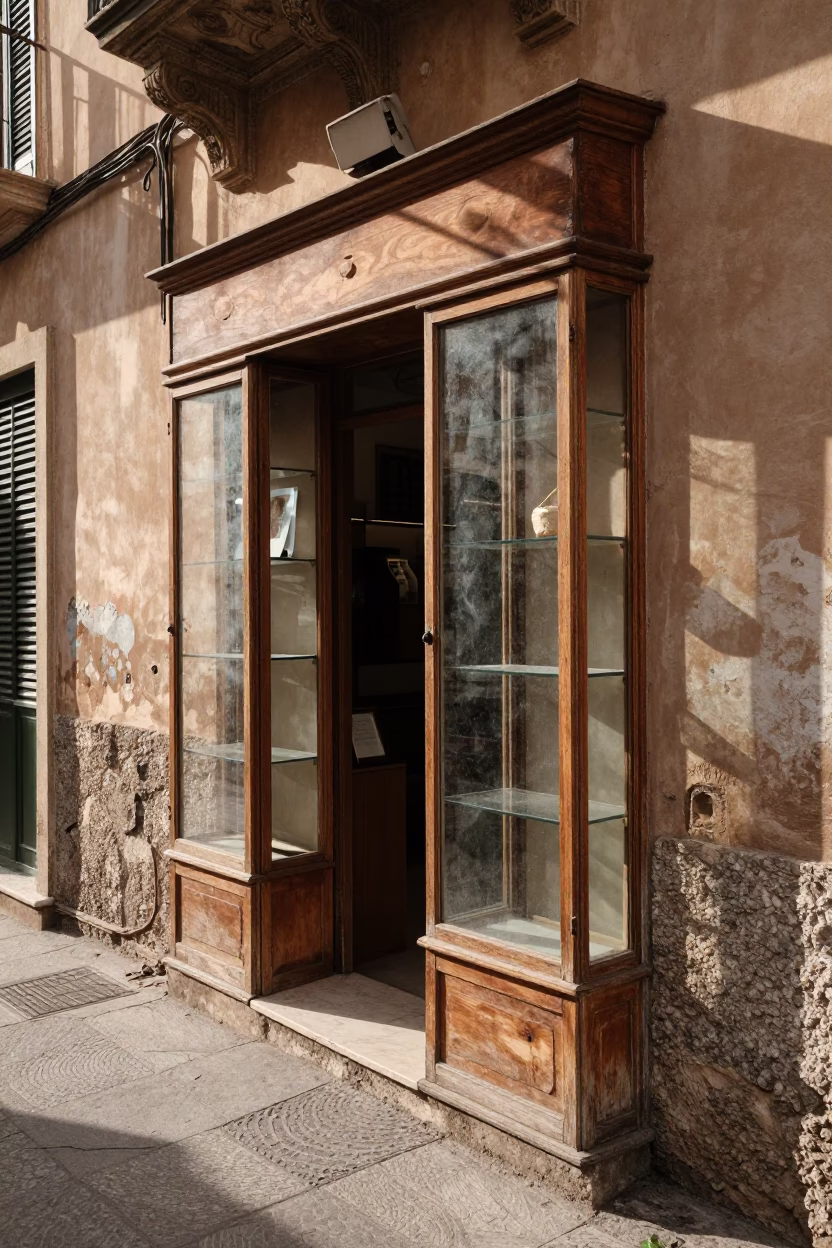Late Morning Street Scene in Palermo Italy with Vintage Glass Display Cabinet in in Palermo, Italy