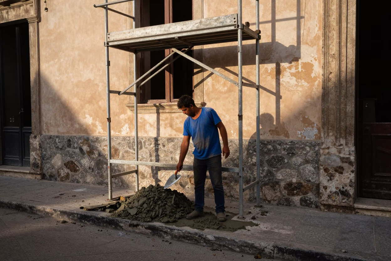 Late Morning Street Scene in Palermo Italy with Worker and Scaffold in in Palermo, Italy