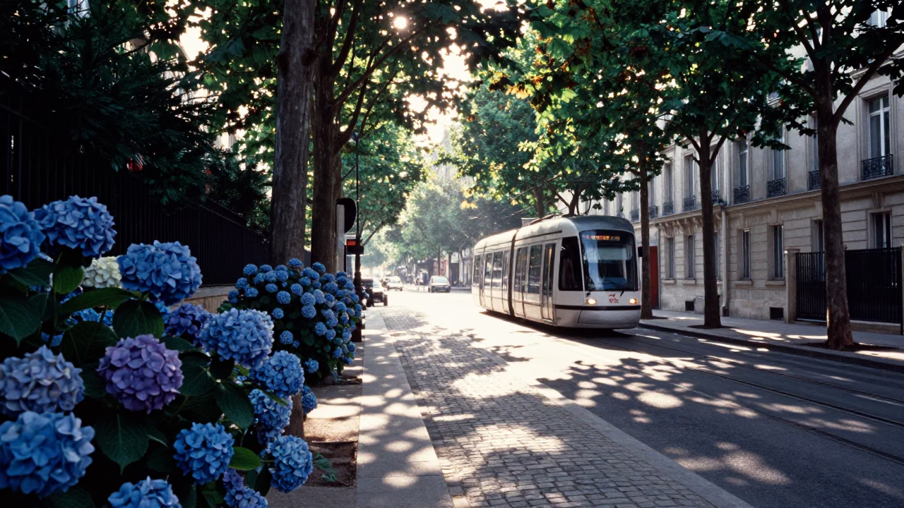 Late Morning Street Scene in Paris France with Blue Hydrangeas and Tram in in Paris, France