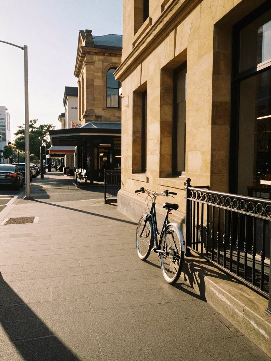 Late Morning Street Scene in Perth Western Australia with Bicycle and Cafe Exterior in in Perth, Western Australia, Australia