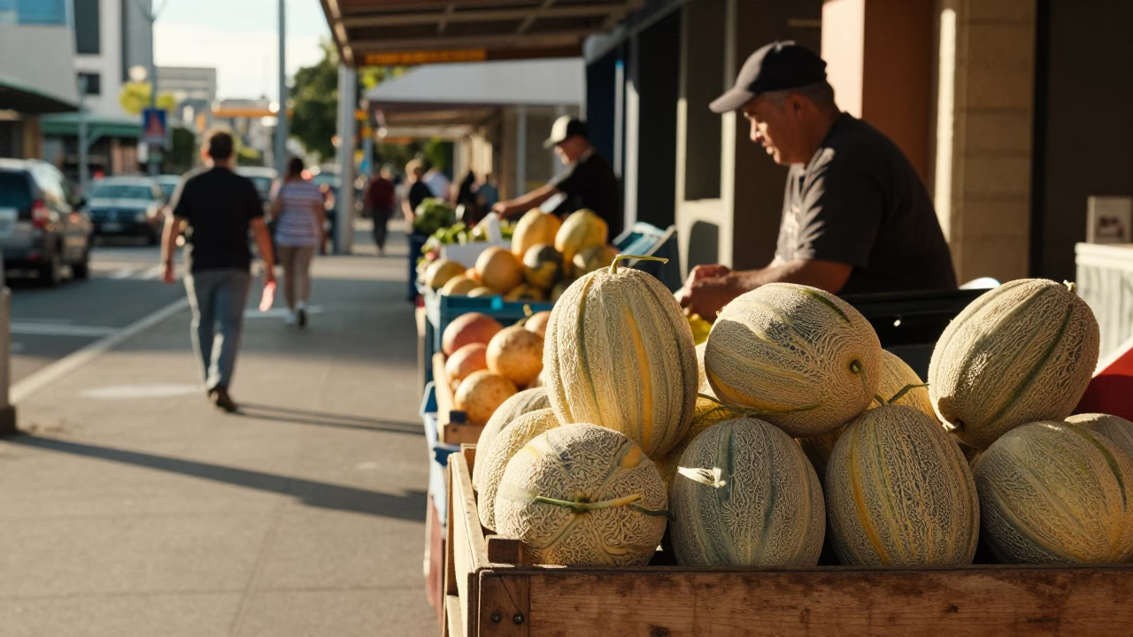 Late Morning Street Scene in Perth Western Australia with Fresh Melons and Casual Pedestrians in in Perth, Western Australia, Australia