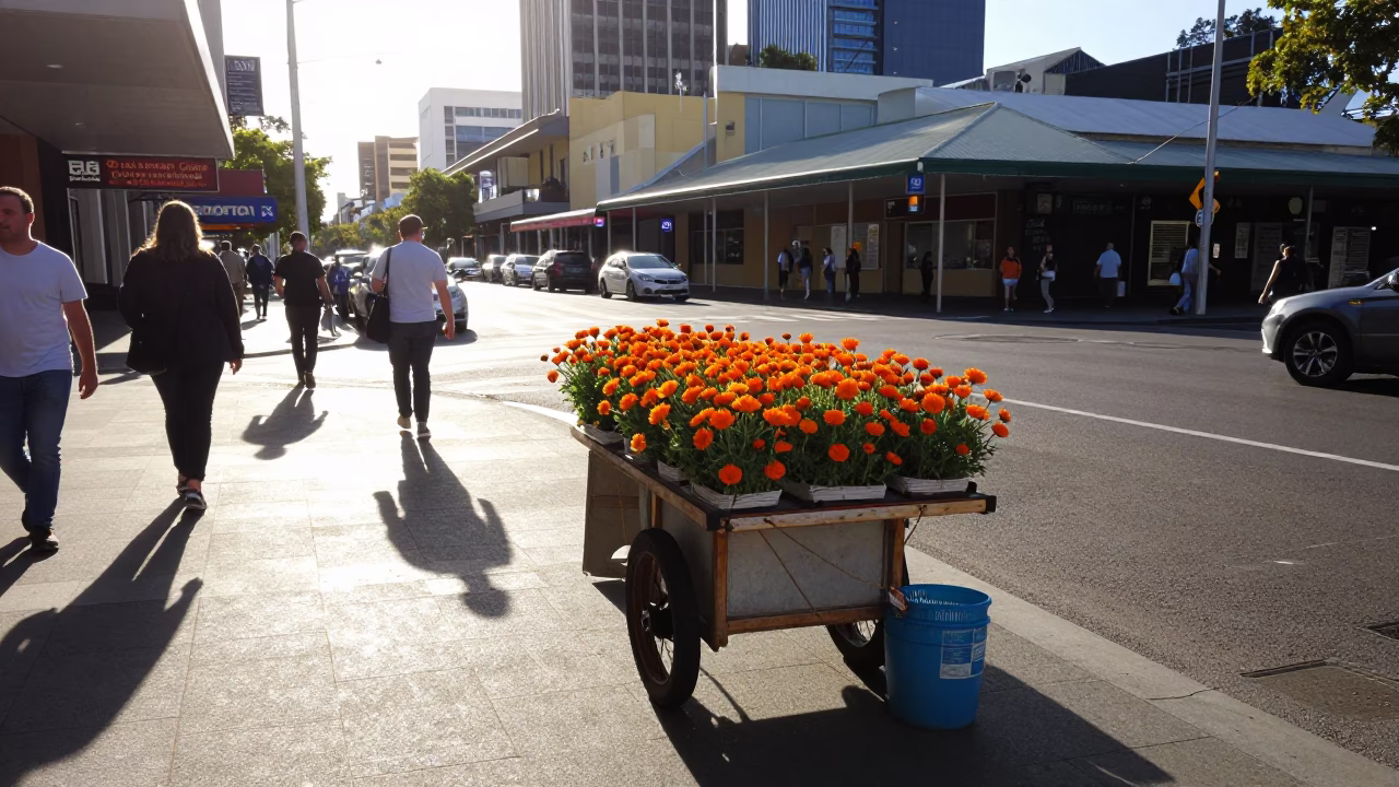 Late Morning Street Scene in Perth Western Australia with Orange Calendula and Local Architecture in in Perth, Western Australia, Australia