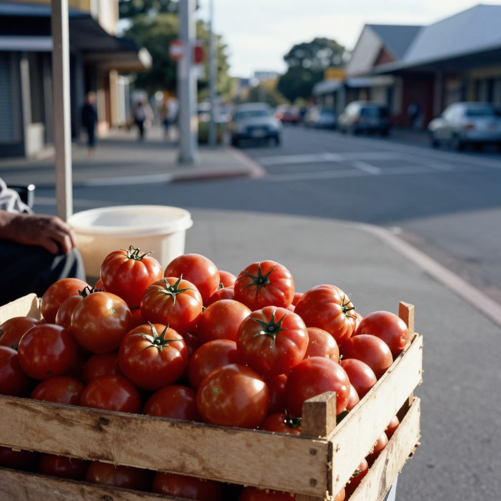 Late Morning Street Scene in Perth Western Australia with Tomatoes and Storage Tin in in Perth, Western Australia, Australia
