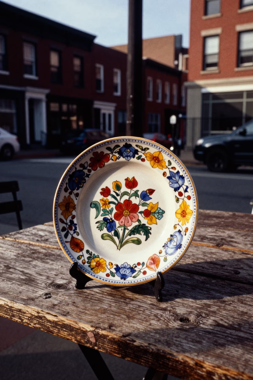Late Morning Street Scene in Philadelphia Pennsylvania with Vintage Majolica Plate and Tree Reflection in in Philadelphia, Pennsylvania, United States