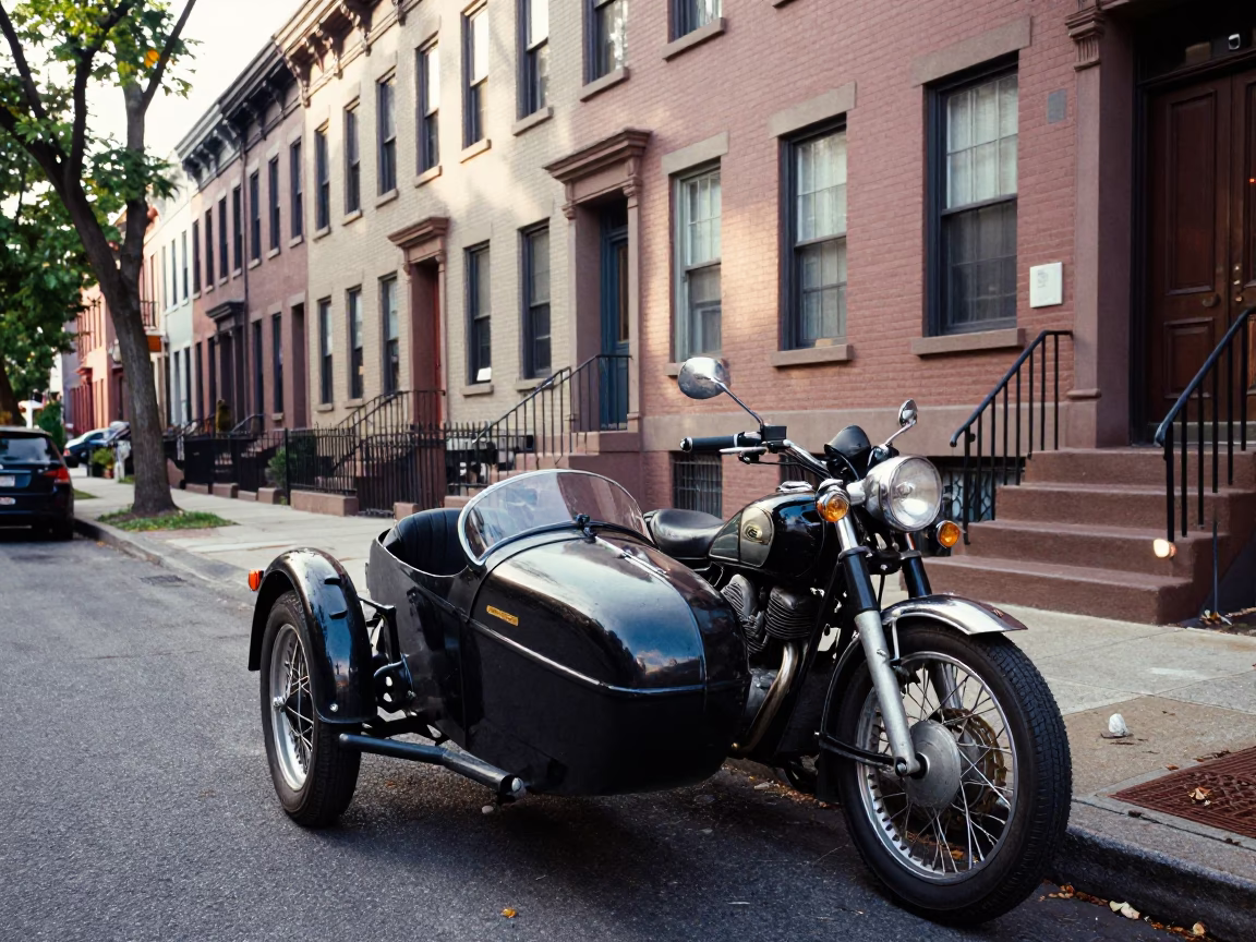 Late Morning Street Scene in Philadelphia Pennsylvania with Vintage Motorcycle and Sidecar in in Philadelphia, Pennsylvania, United States
