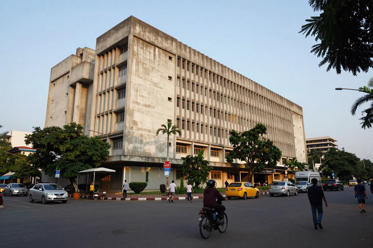 Late Morning Street Scene in Phnom Penh Cambodia with Brutalist Architecture in in Phnom Penh, Cambodia