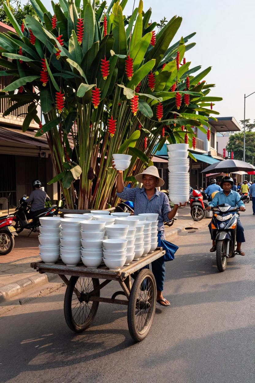 Late Morning Street Scene in Phnom Penh Cambodia with Heliconia Flowers and Soup Bowls in in Phnom Penh, Cambodia