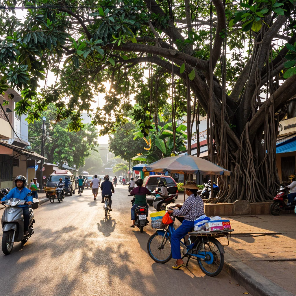 Late Morning Street Scene in Phnom Penh Cambodia with Local Vendor and Vintage Details in in Phnom Penh, Cambodia