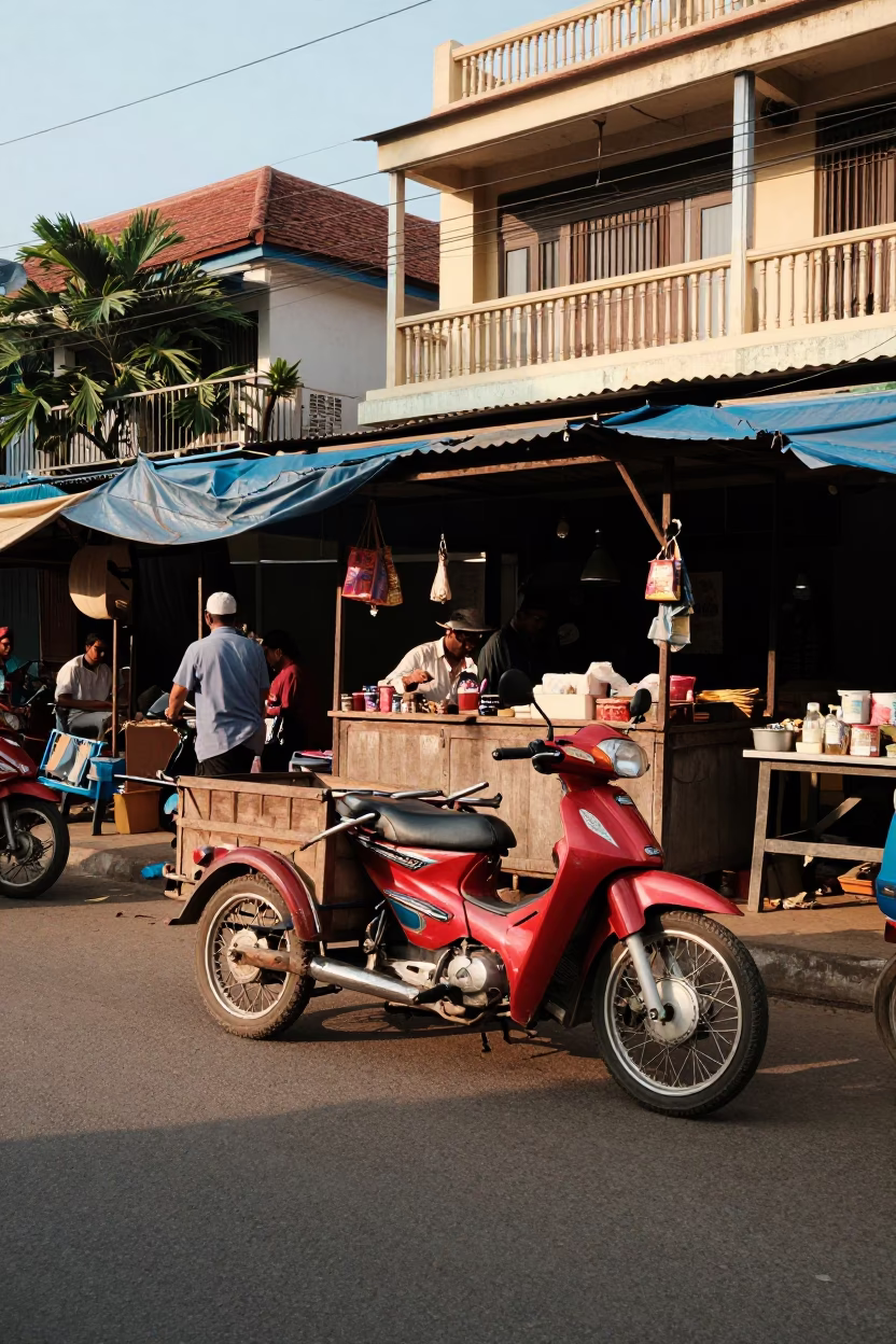 Late Morning Street Scene in Phnom Penh Cambodia with Motorbike and Market Stalls in in Phnom Penh, Cambodia