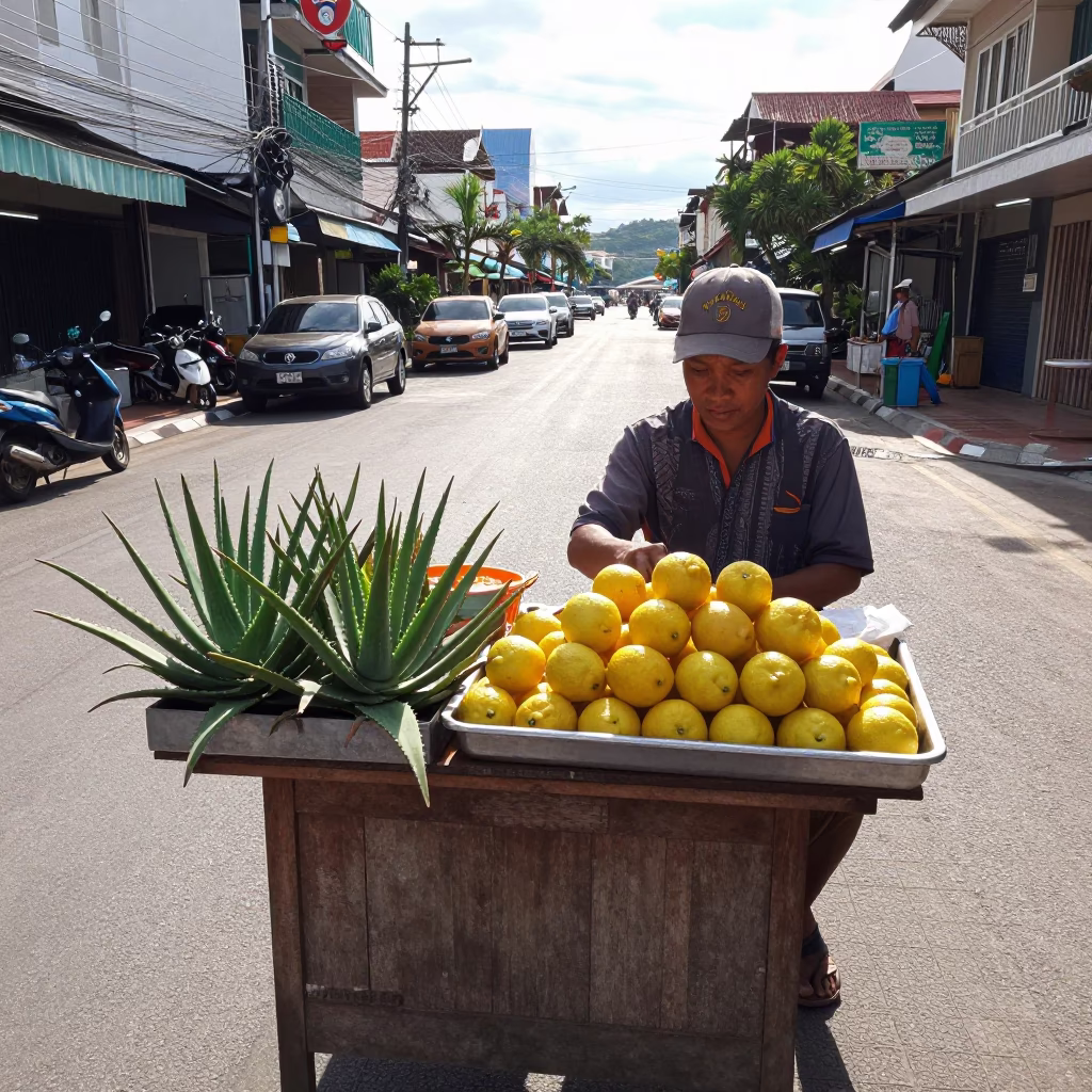 Late Morning Street Scene in Phuket Thailand with Aloe Vera and Lemons in in Phuket, Thailand