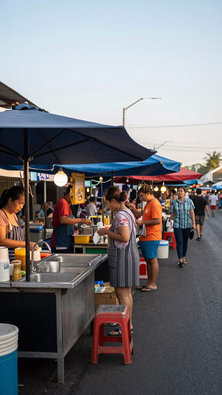 Late Morning Street Scene in Phuket Thailand with Local Market Activity in in Phuket, Thailand