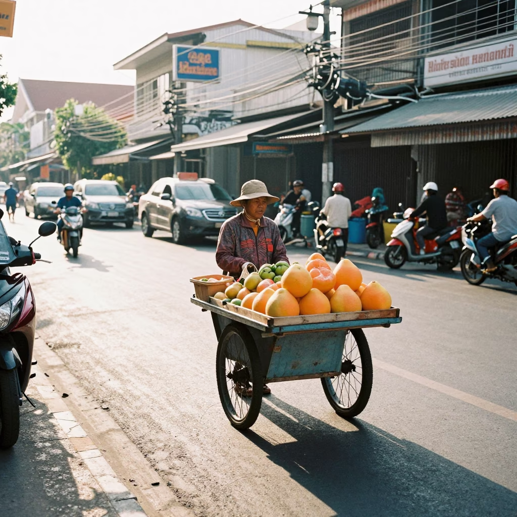 Late Morning Street Scene in Phuket Thailand with Sunlight and Local Activity in in Phuket, Thailand