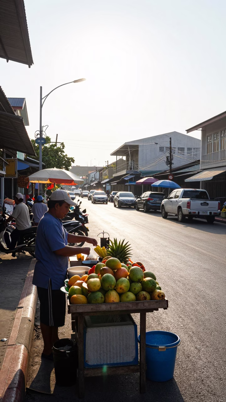 Late Morning Street Scene in Phuket Thailand with Sunlight and Local Life in in Phuket, Thailand