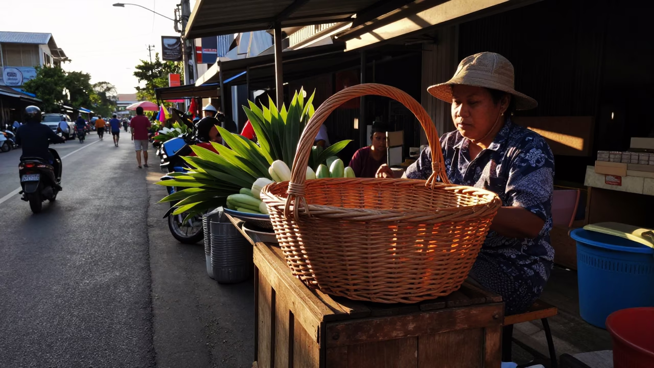 Late Morning Street Scene in Phuket Thailand with Wicker Basket and Padlock in in Phuket, Thailand
