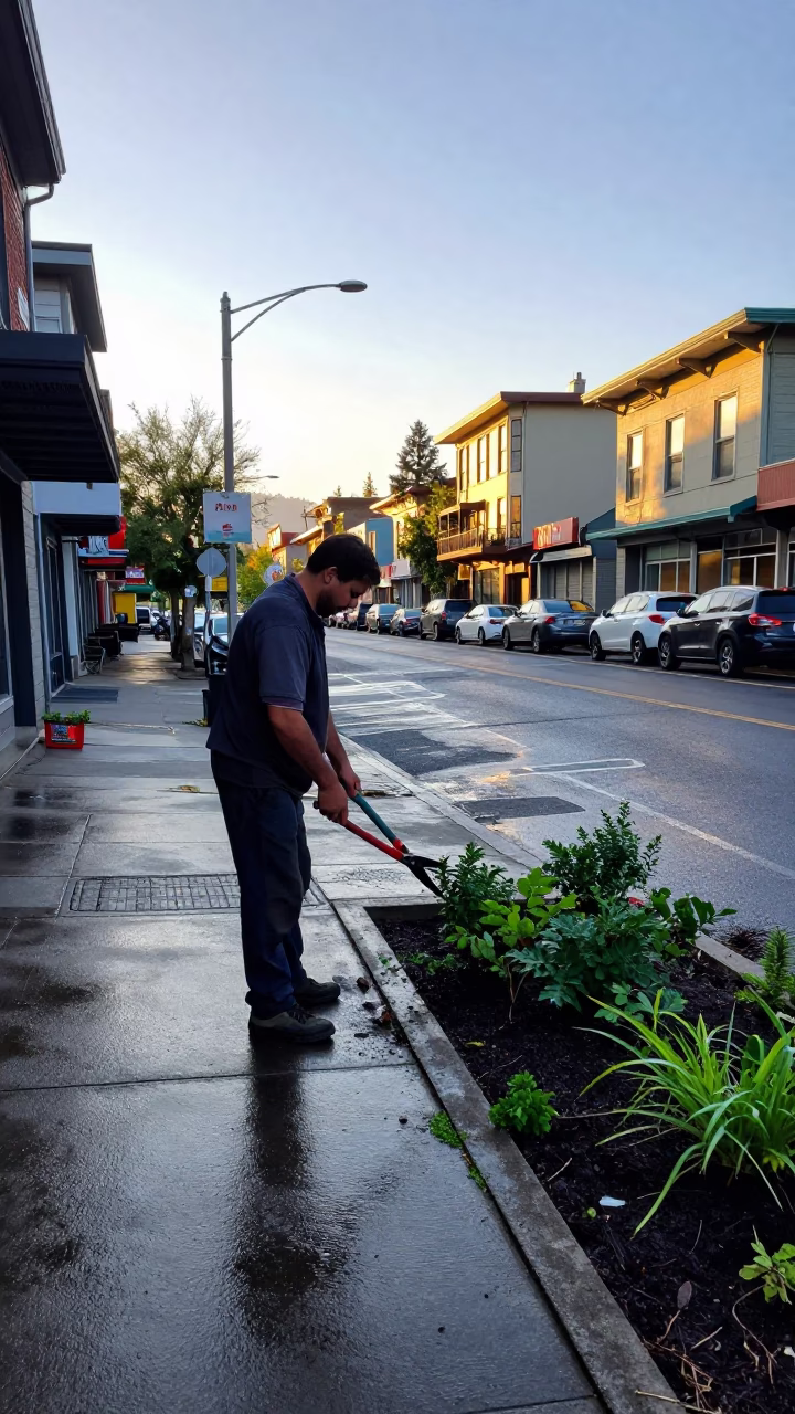 Late Morning Street Scene in Portland Oregon with Pruning Shears and Local Flora in in Portland, Oregon, United States