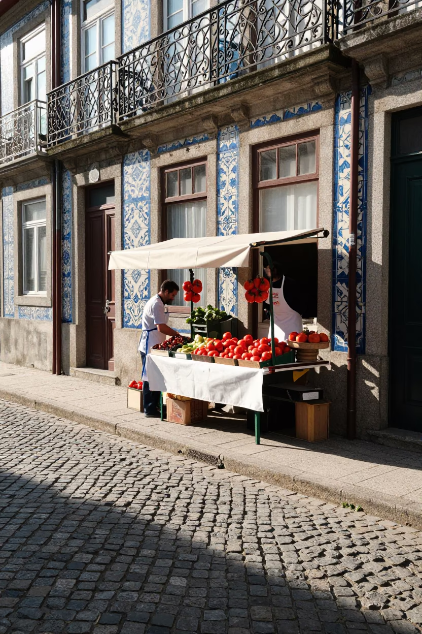 Late Morning Street Scene in Porto Portugal with Aprons and Tomatoes in in Porto, Portugal