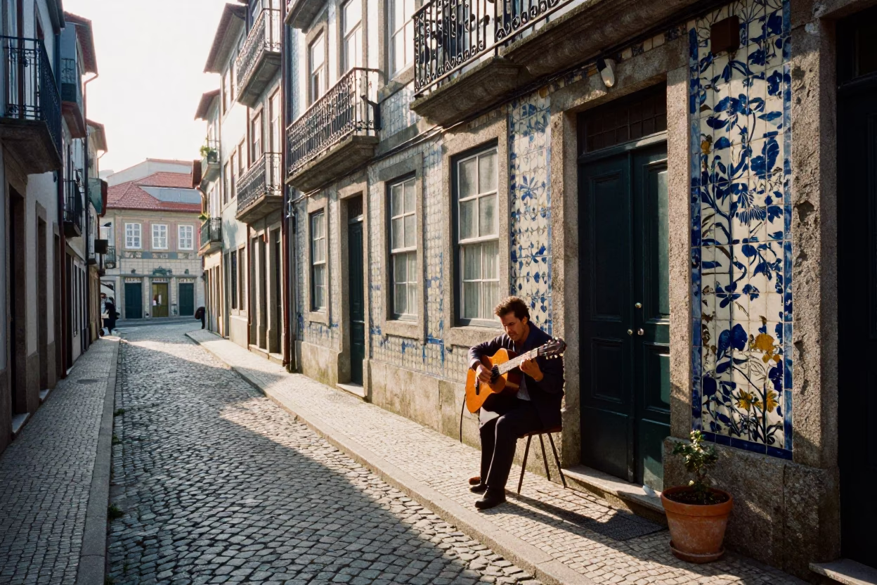 Late Morning Street Scene in Porto Portugal with Fado Guitarist and Tourists in in Porto, Portugal
