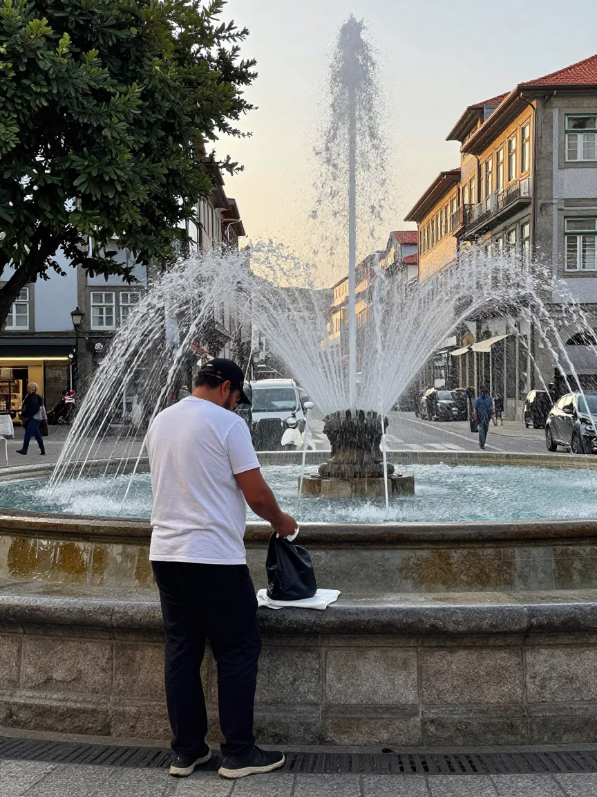 Late Morning Street Scene in Porto Portugal with Fountain Spray and Tiffin Tin in in Porto, Portugal