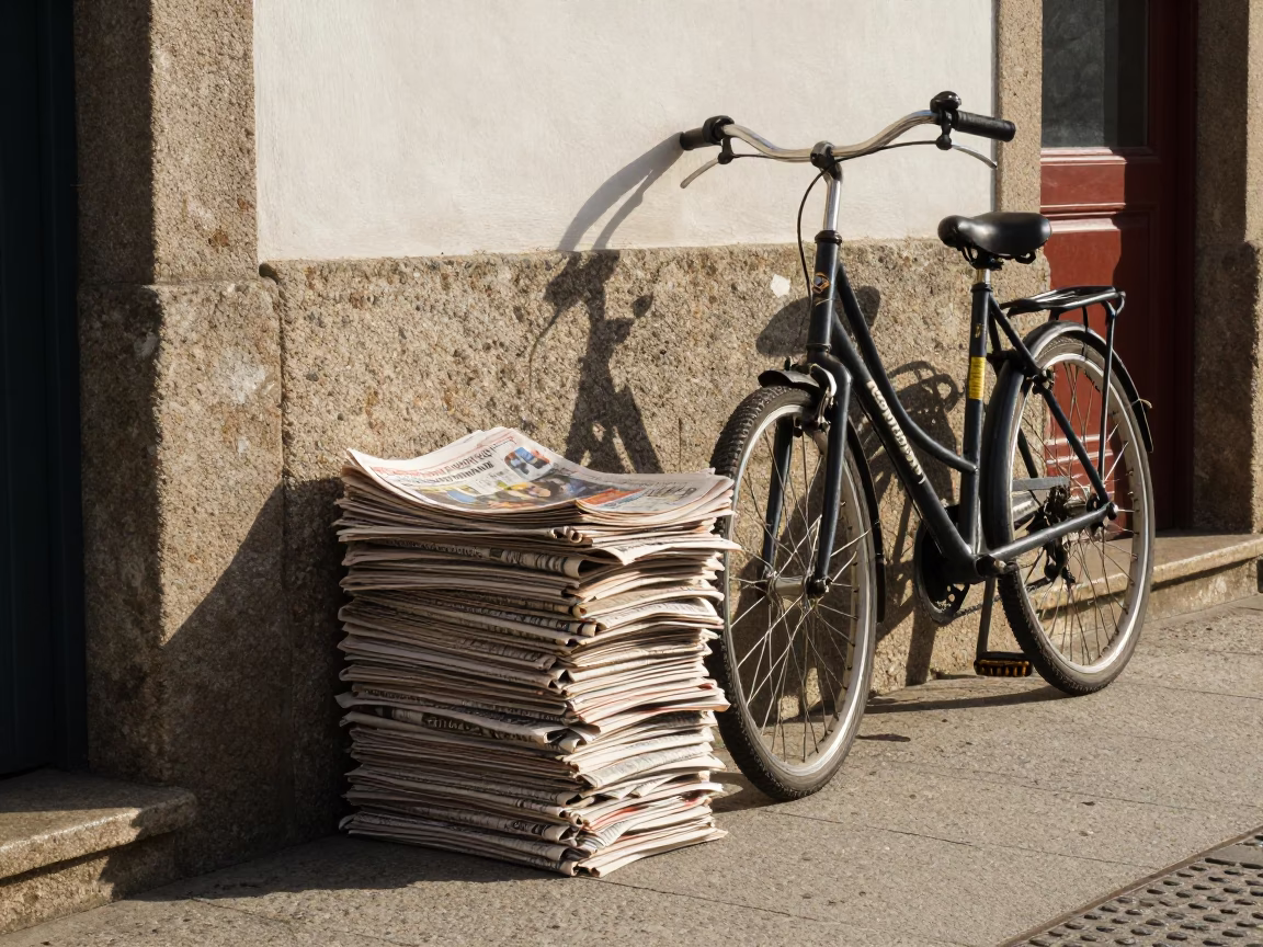 Late Morning Street Scene in Porto Portugal with Newspaper Stack and Bicycle in in Porto, Portugal