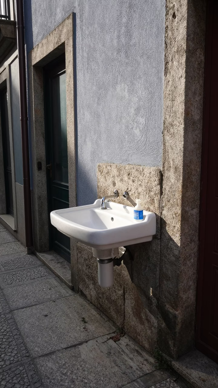 Late Morning Street Scene in Porto Portugal with Sink and Soap Bottle in in Porto, Portugal