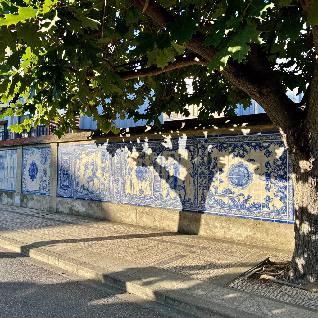 Late Morning Street Scene in Porto Portugal with Traditional Azulejo Tiles and Leaf Shadows in in Porto, Portugal