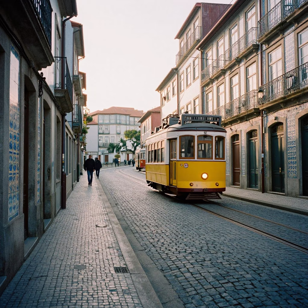 Late Morning Street Scene in Porto Portugal with Tram and Historic Architecture in in Porto, Portugal