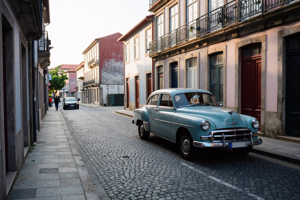 Late Morning Street Scene in Porto Portugal with Vintage Cars and Magnolia Tree in in Porto, Portugal