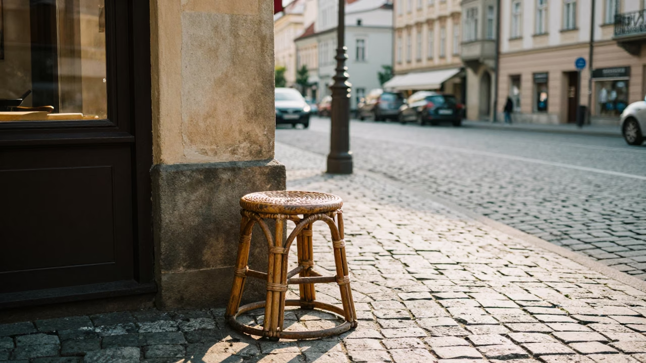 Late Morning Street Scene in Prague Czech Republic with Rattan Stool and Saucers in in Prague, Czech Republic