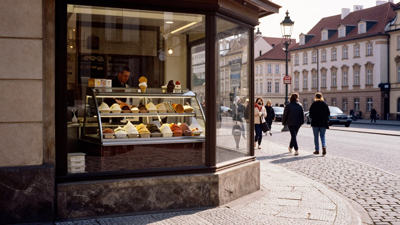 Late Morning Street Scene in Prague with Gelato Display and Wall Shelf in in Prague, Czech Republic