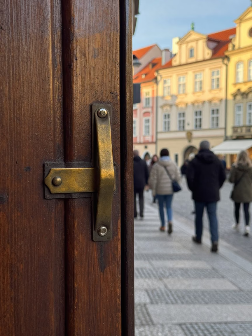 Late Morning Street Scene in Prague with Latch Detail and Urban Life in in Prague, Czech Republic